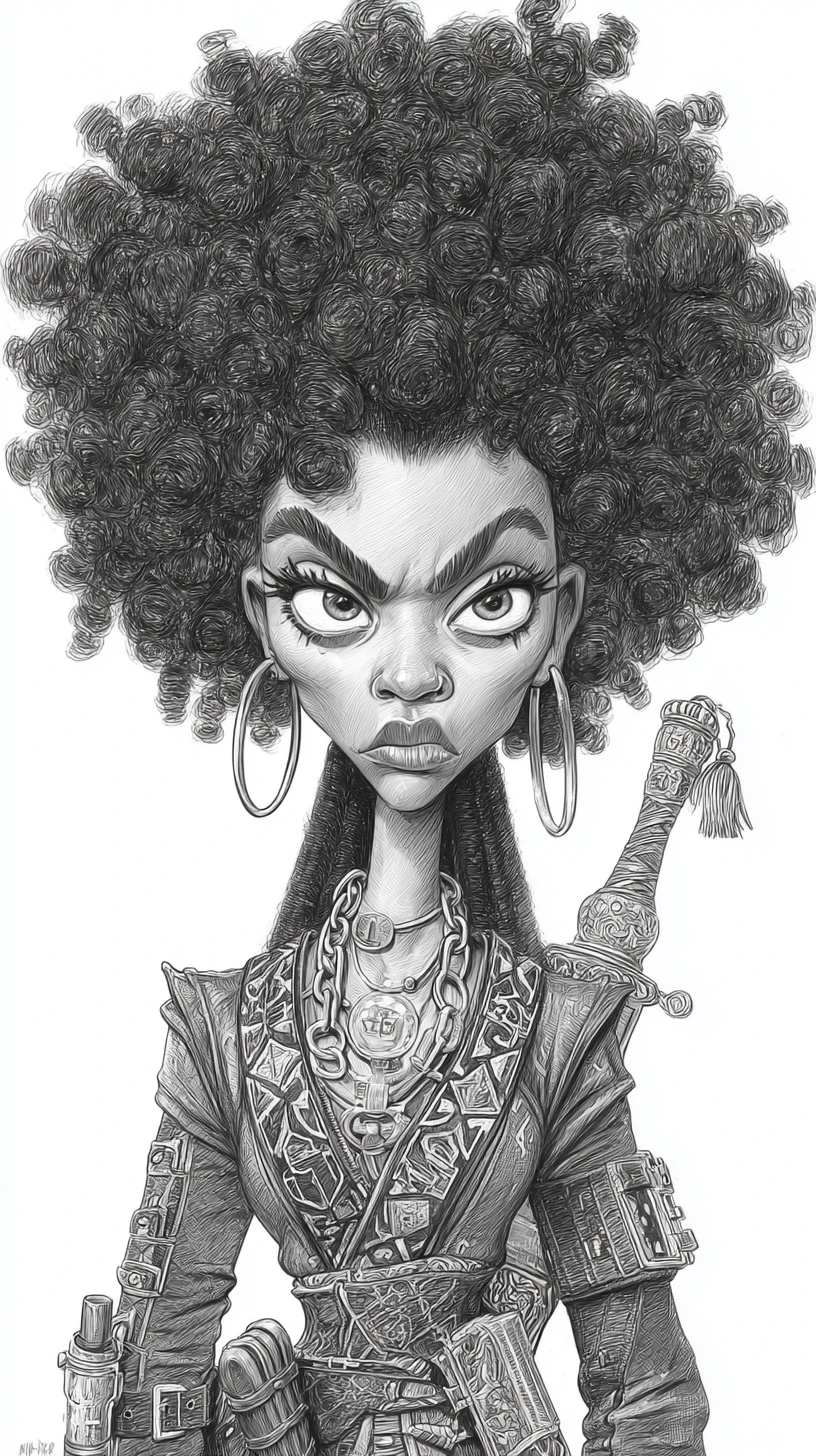 Kohle-Karikaturporträt einer Kriegerin mit riesigem Afro