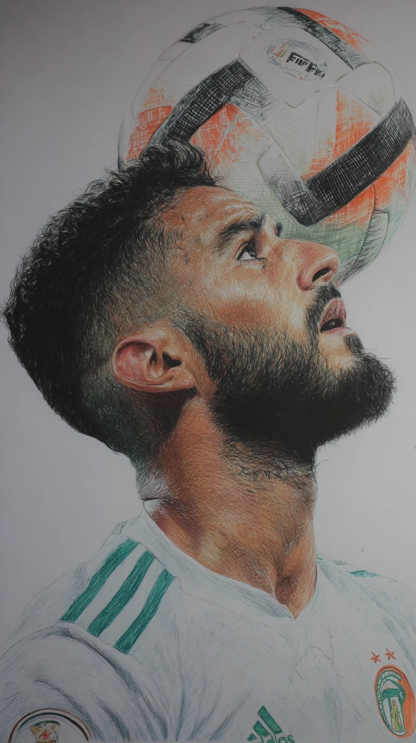 Retrato a lápices de colores de un futbolista equilibrando un balón
