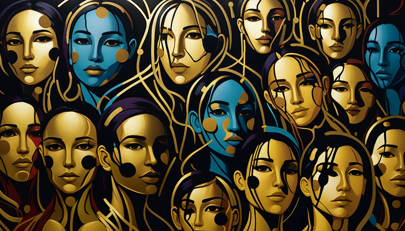 Cabeças humanas pintadas em abstrato com cores vibrantes em camadas