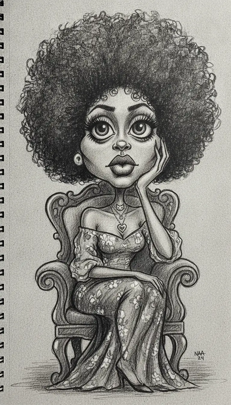 Caricatura em carvão de uma mulher com cabelo afro gigante