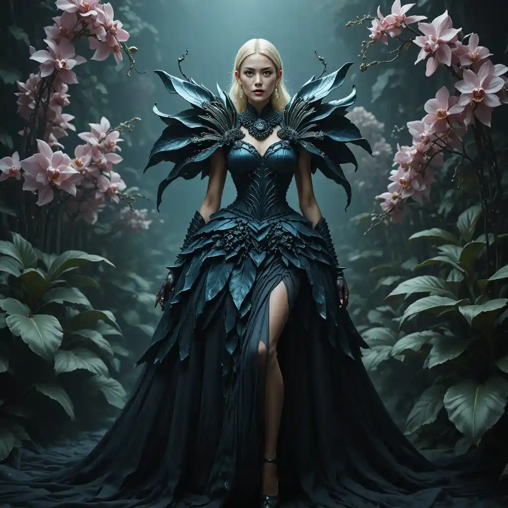 Woman in sculptural orchid inspired haute couture gown