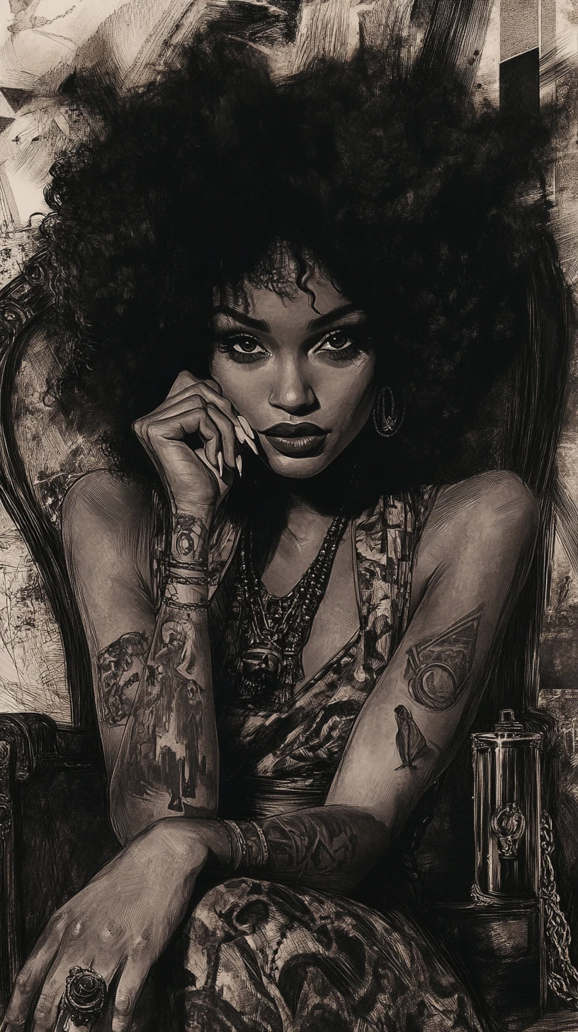 Caricatura a carboncino di una donna con un enorme afro riccio
