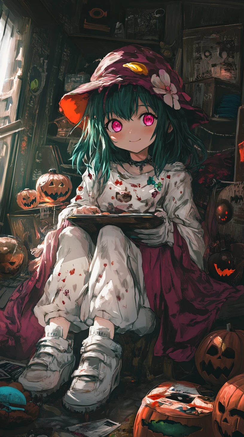 Fröhliches Anime-Mädchen auf einer Halloween-Party mit Geistern
