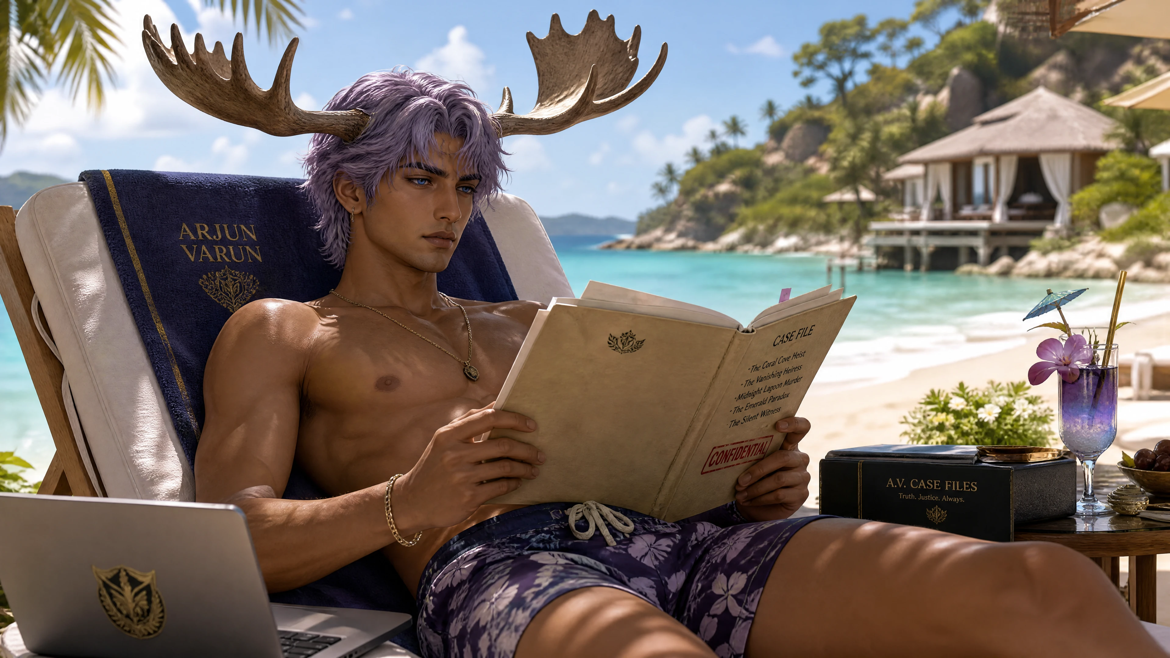 Gehörnter Mann liest Fallakten an einem sonnigen Strand