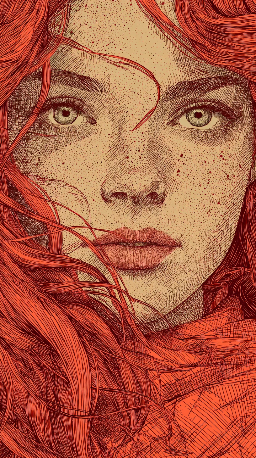 Retrato em linha de mulher ruiva sardenta com olhos verdes