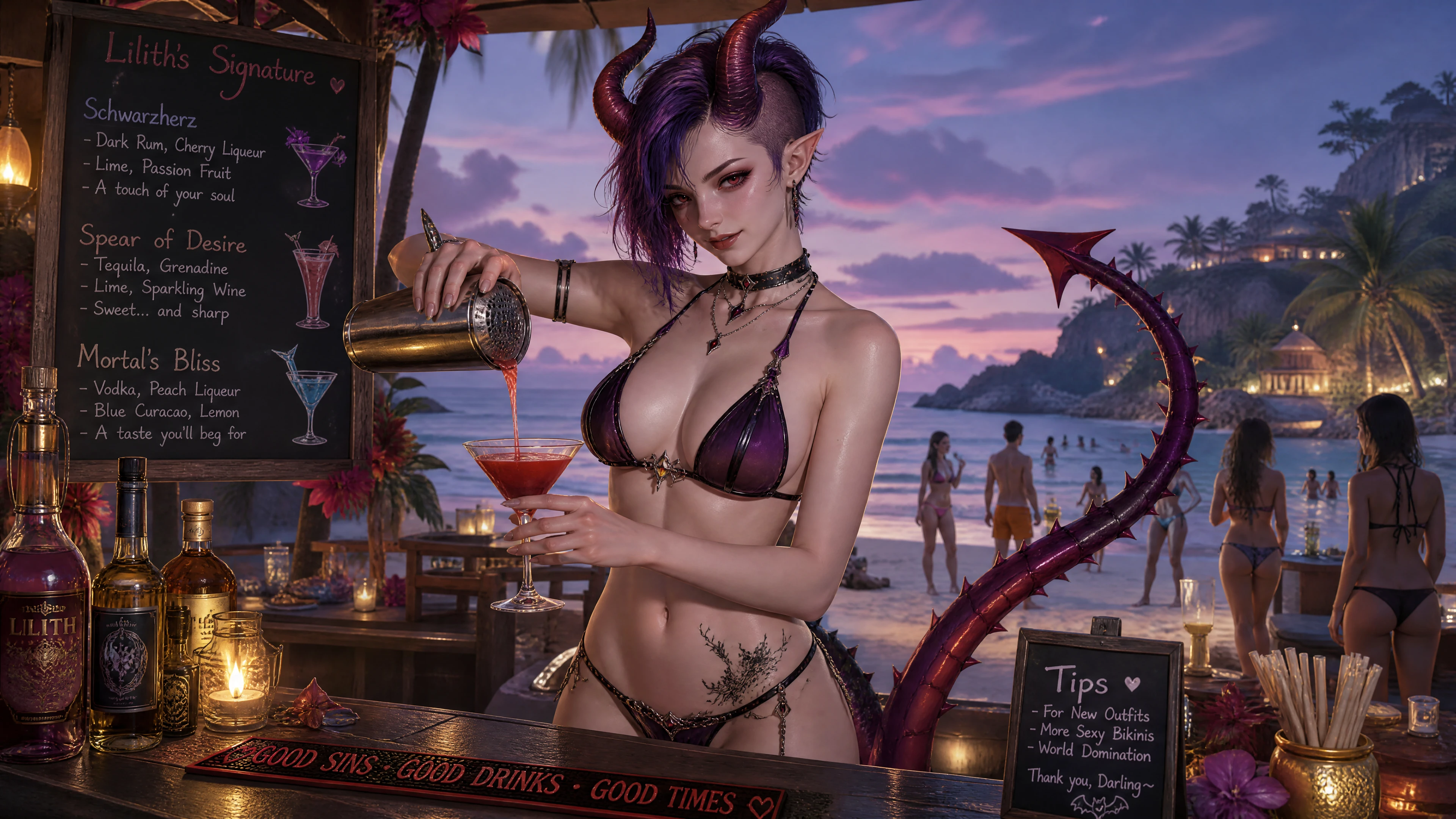 Bartender súcubo na praia preparando coquetéis em um bar tropical