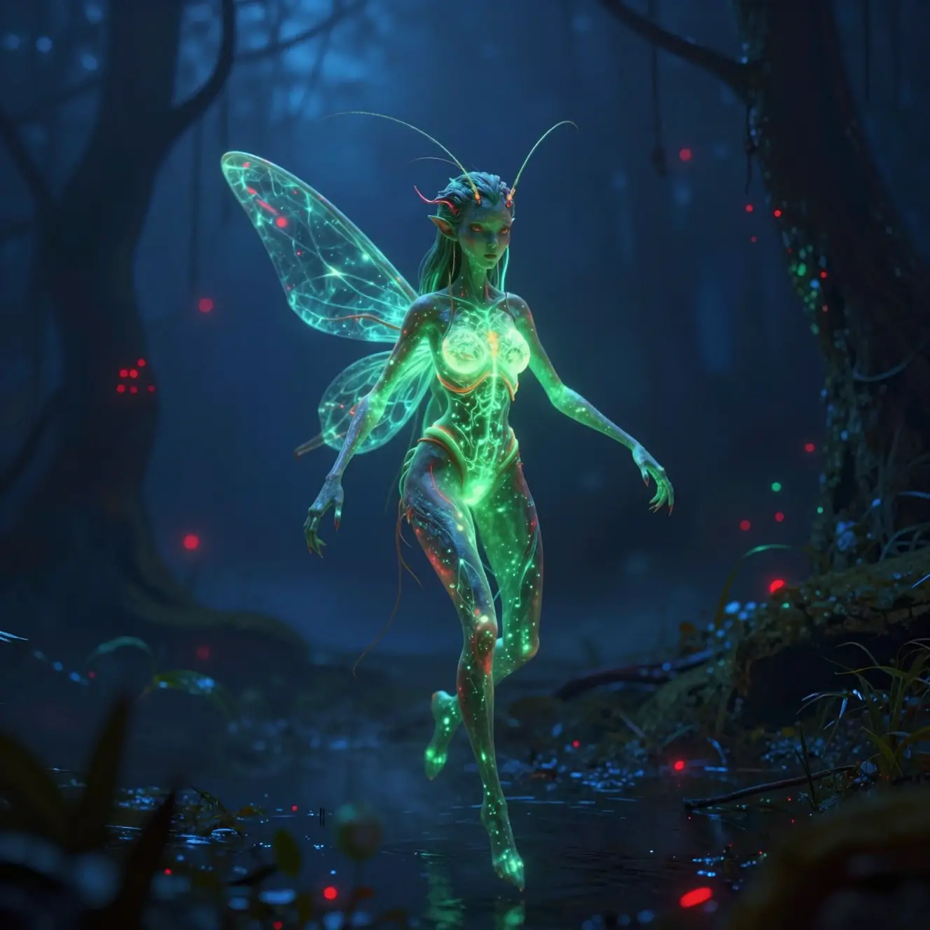 Nymphe éthérée bioluminescente dérivant dans un marais brumeux