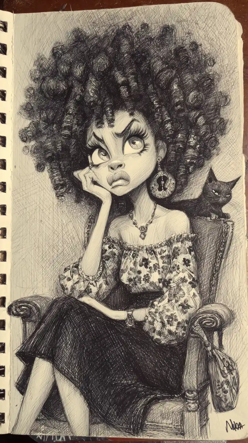 Caricatura a carboncino di una donna pensierosa con enorme afro