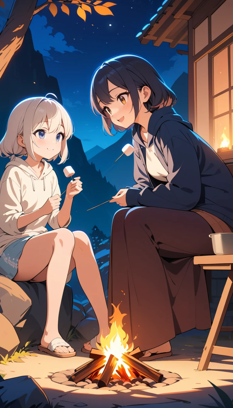 Duas garotas de anime compartilhando marshmallows em uma fogueira na montanha