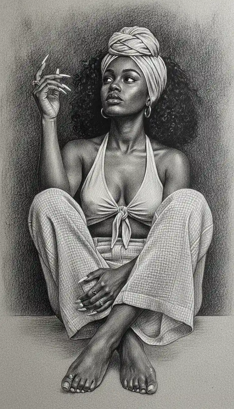 Ritratto a figura intera di donna seduta in grafite e carboncino