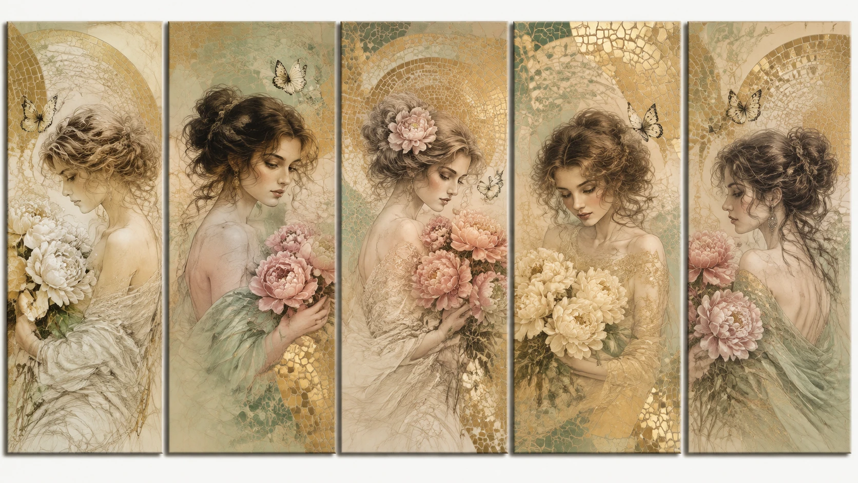 Cinco damas elegantes con peonías y mariposas en mosaicos