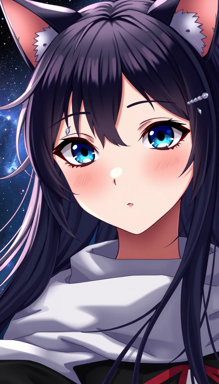 Anime cat eared girl close up against glowing galaxy