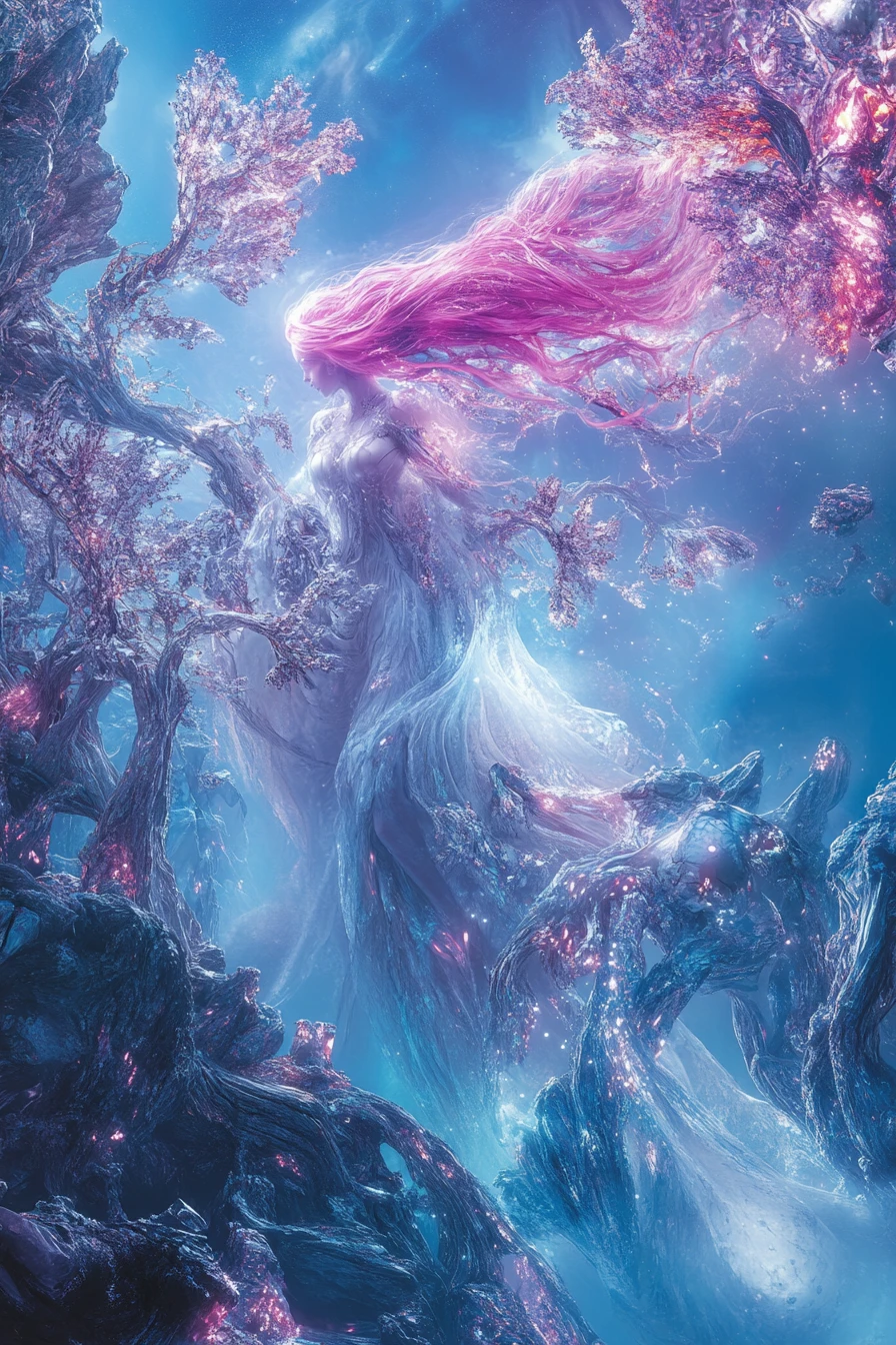 Ethereal woman with pink hair in alien crystalline landscape