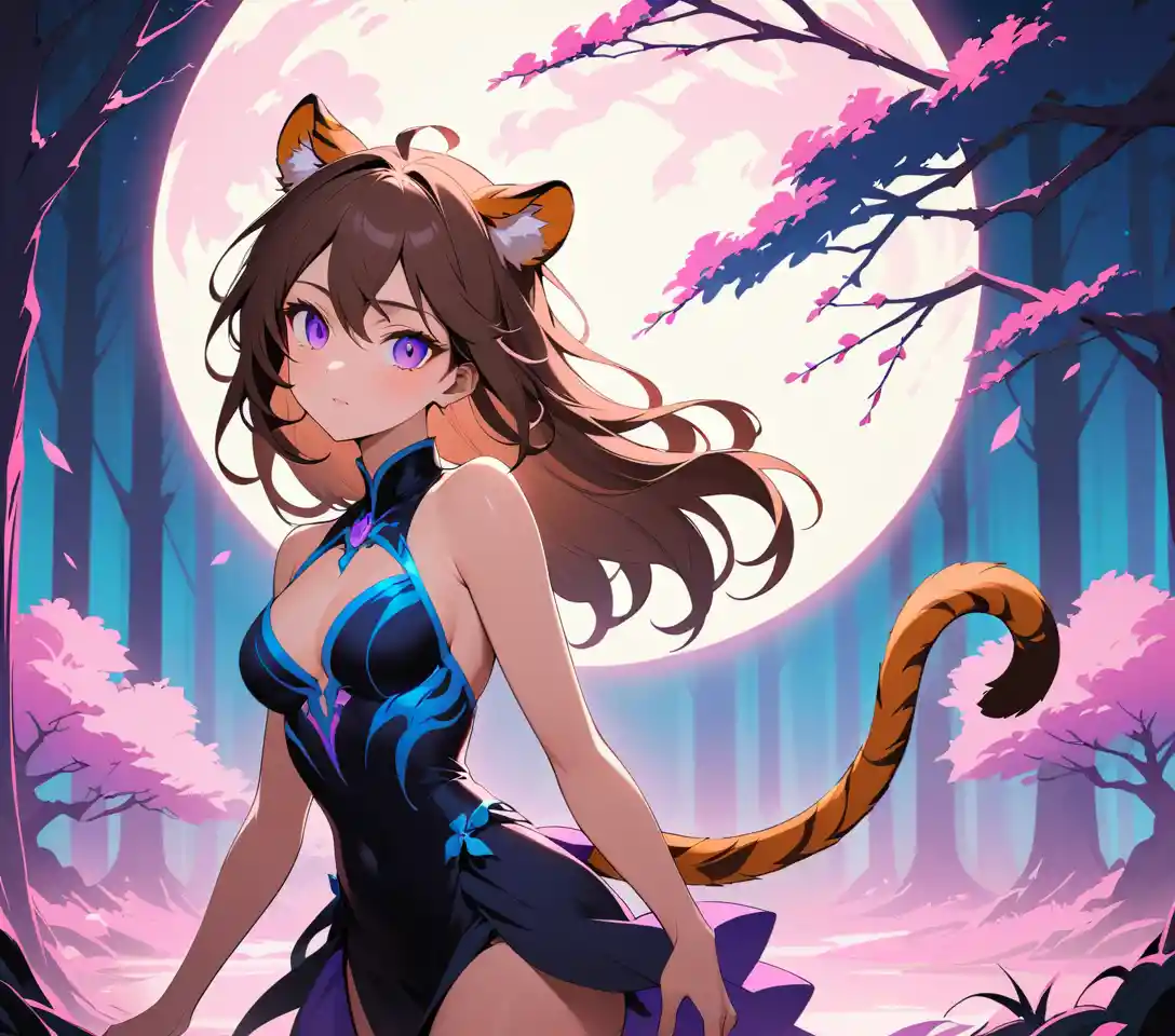 신비로운 달빛 숲속의 우아한 호랑이 귀 여성