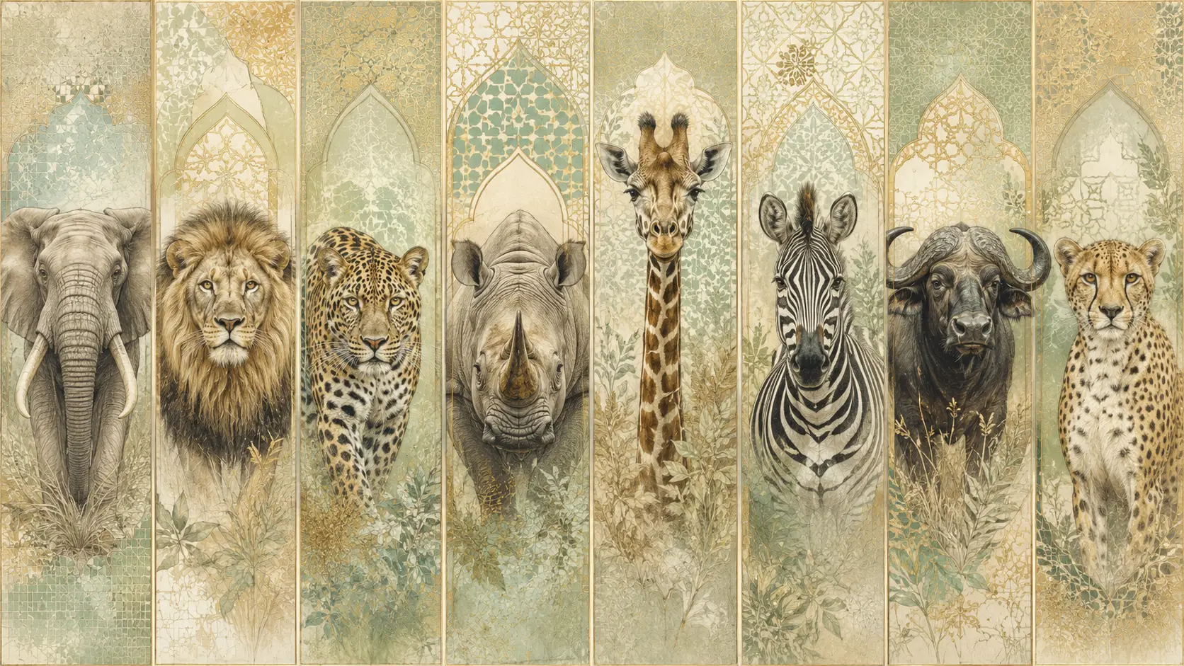 Huit animaux africains dans une illustration en mosaïque stylisée