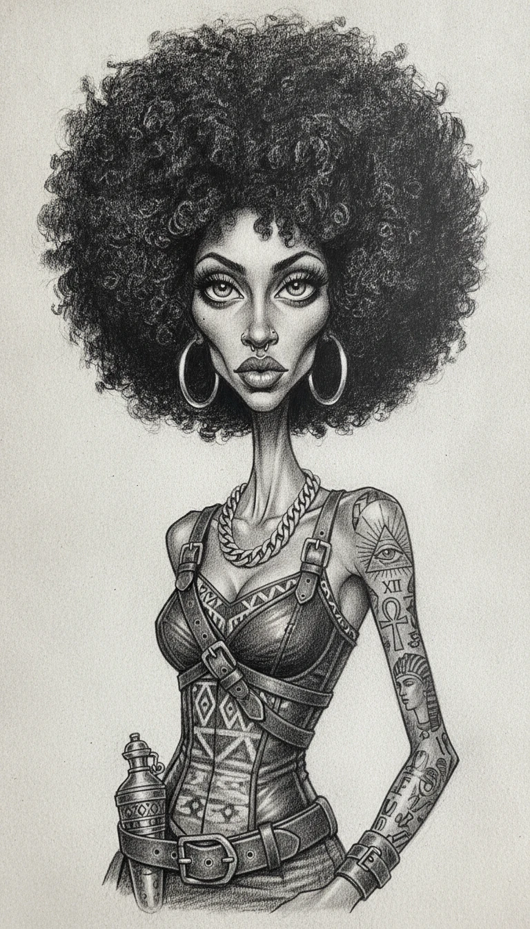Retrato a carboncillo de una mujer guerrera con enorme afro