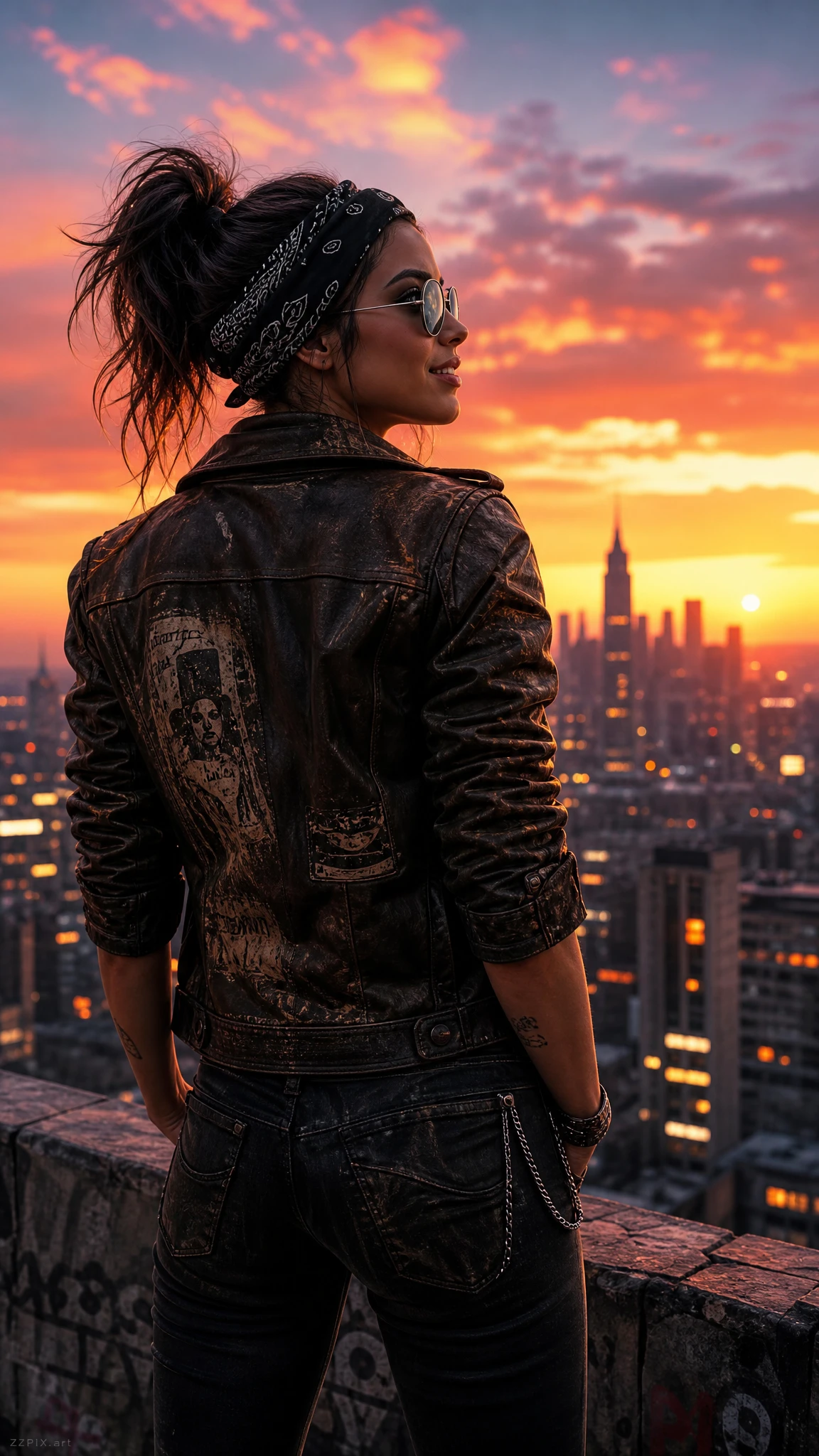 Mulher confiante observando o horizonte da cidade ao pôr do sol
