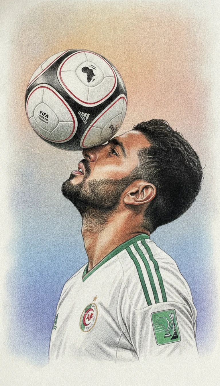 Ritratto a matite colorate di un calciatore algerino che equilibra il pallone