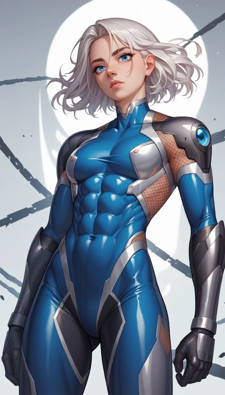 Selbstbewusste Anime-Heldin mit platinblondem Haar im engen Bodysuit
