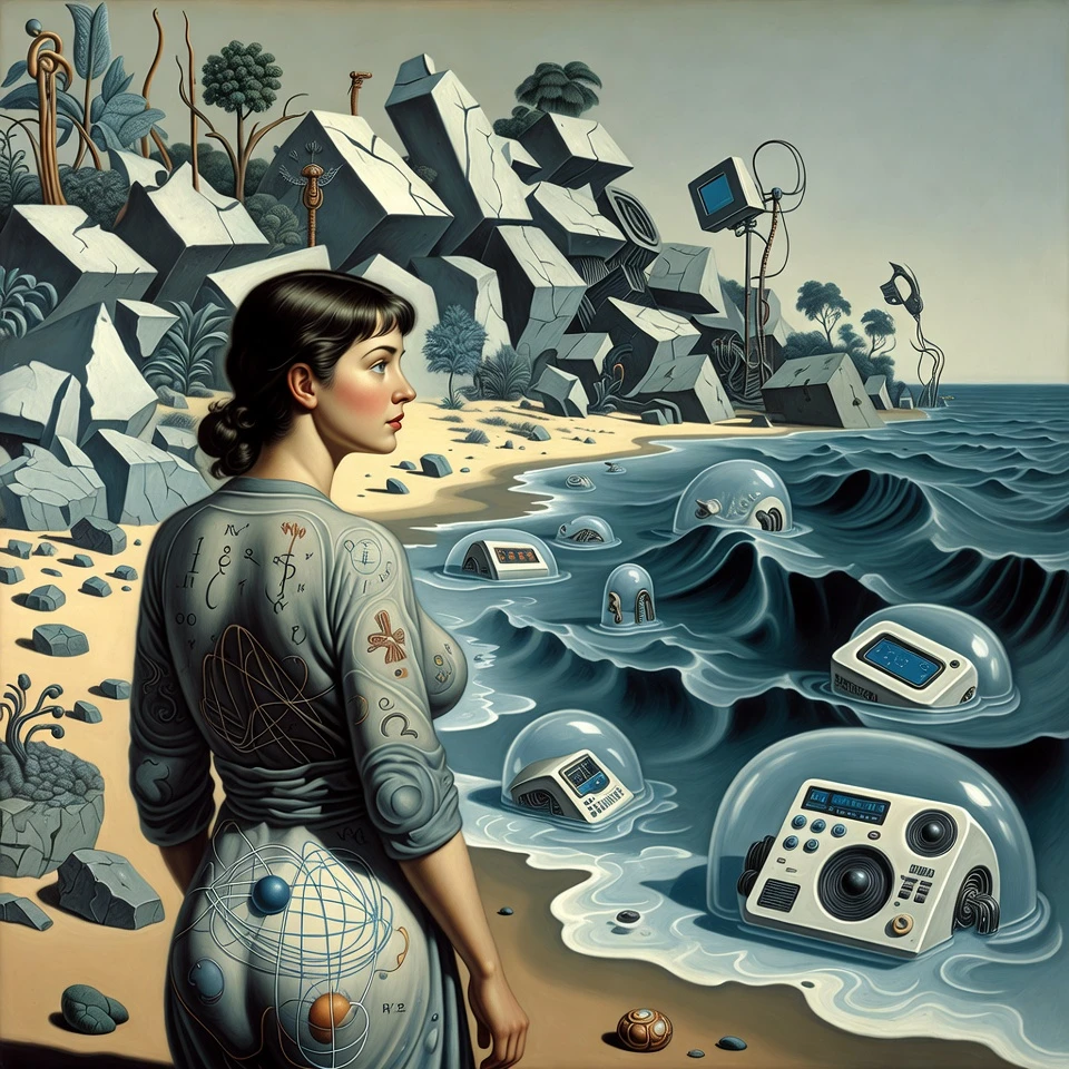 Mulher surreal de robe contempla costa alienígena fraturada