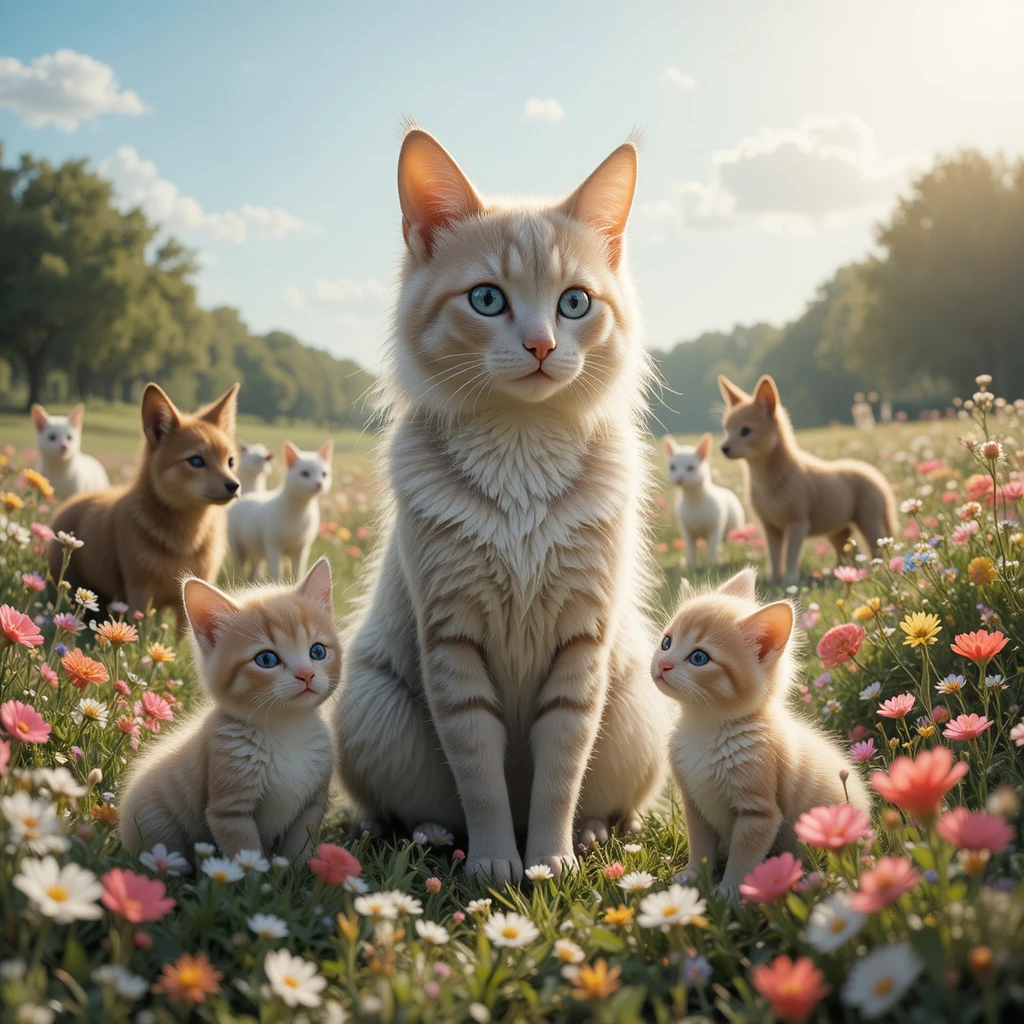 Porca com leitões em um prado ensolarado com outros animais