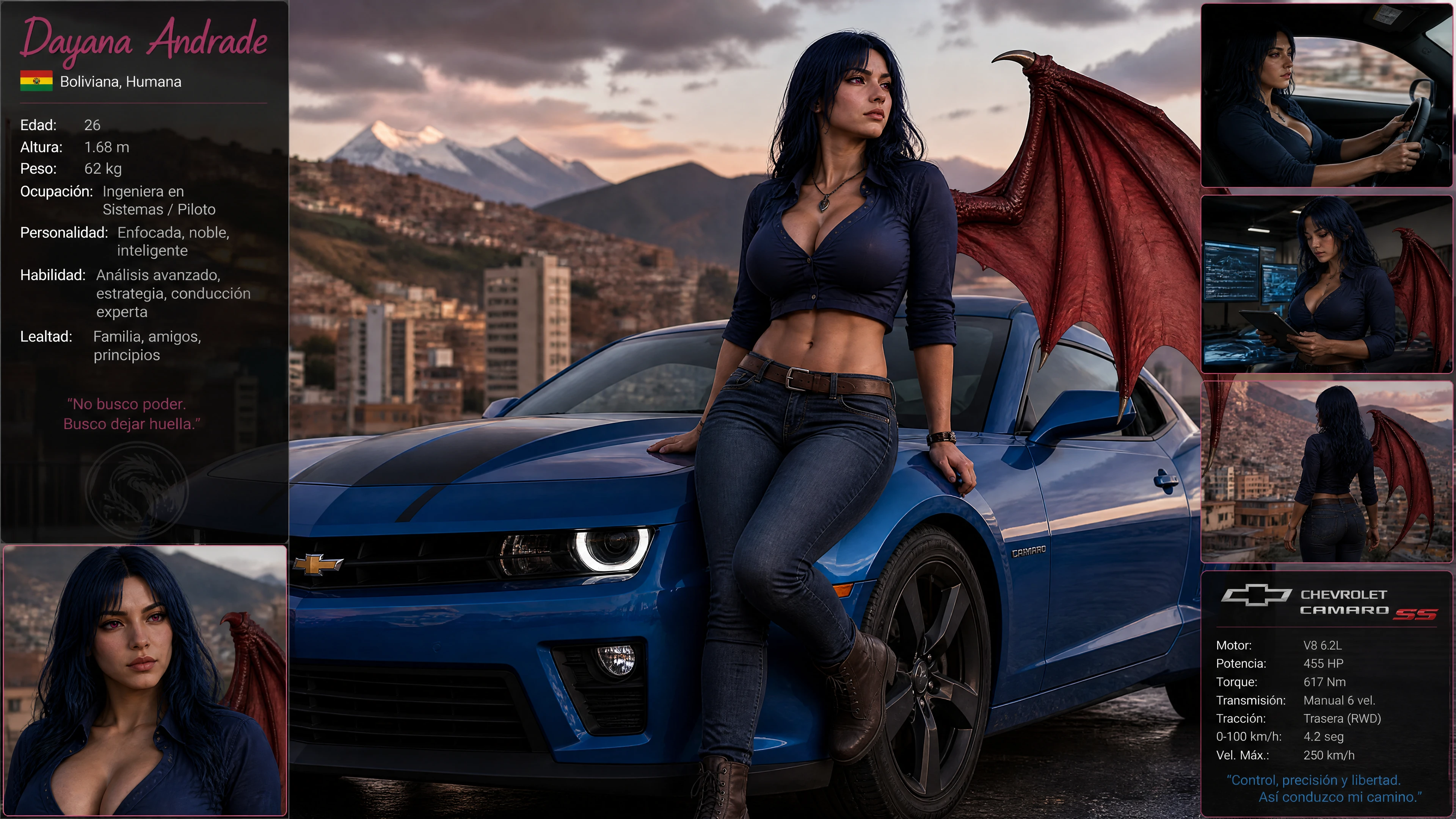 Femme de fantasy confiante conduisant une voiture de sport bleue