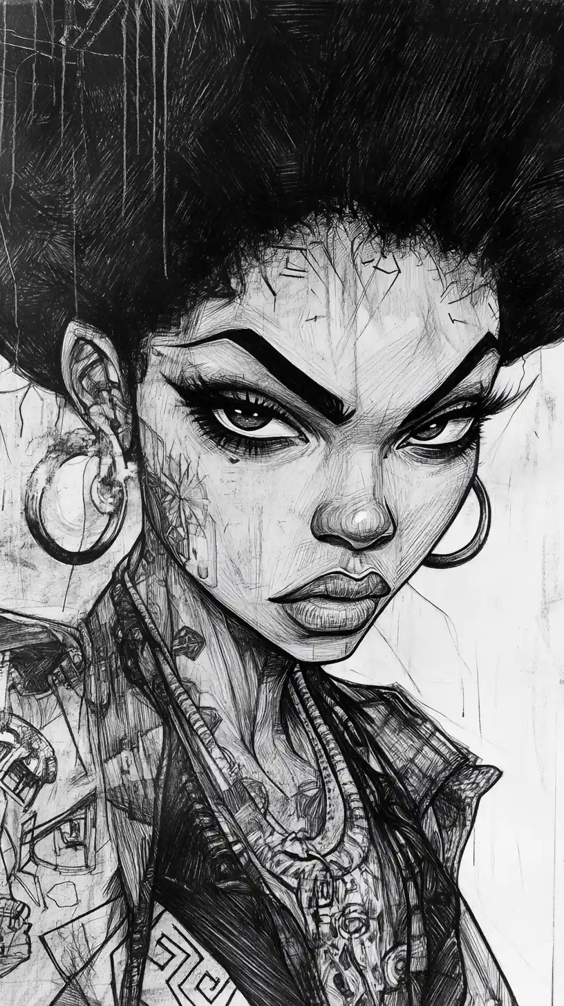 Charcoal portrait of a warrior woman with massive afro hair