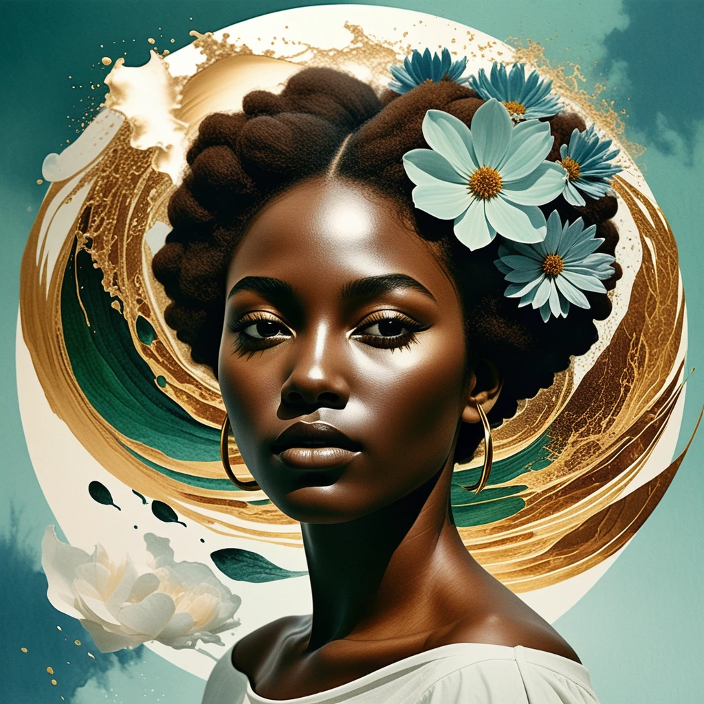 Portrait à l’encre d’une femme noire se dissolvant en douces fleurs