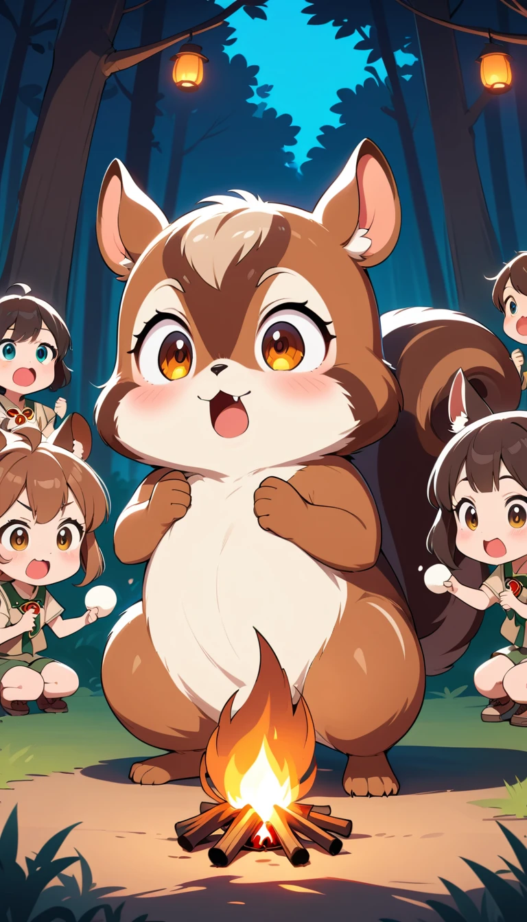 Niños exploradores adorables alrededor de una fogata en estilo anime