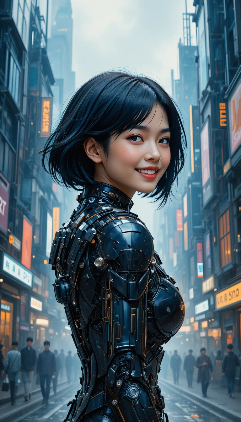 Fröhliche Cyberpunk-Frau im Profil mit glatter technologischer Rüstung