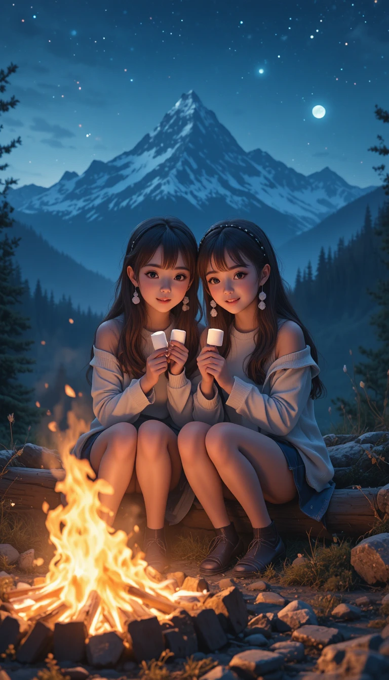 산속 캠프파이어 옆에서 마시멜로를 나누는 두 명의 애니메이션 소녀