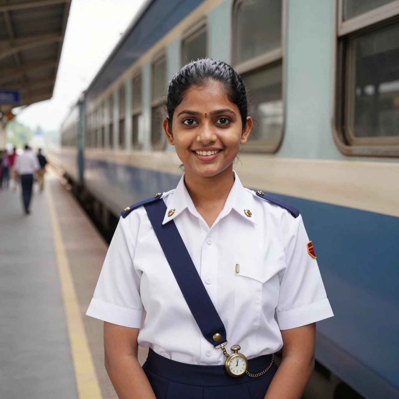 Donna indiana sicura di sé in uniforme ferroviaria bianca alla stazione