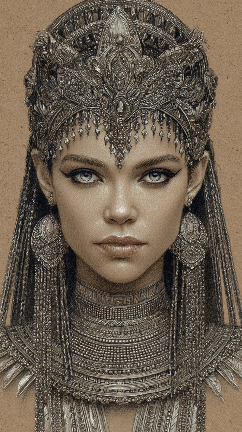 Retrato majestoso de uma rainha do antigo Egito em lápis de cor
