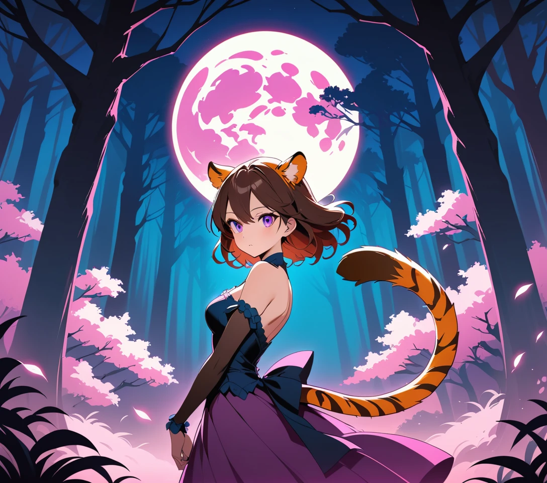 Femme élégante aux oreilles de tigre dans une forêt mystique au clair de lune
