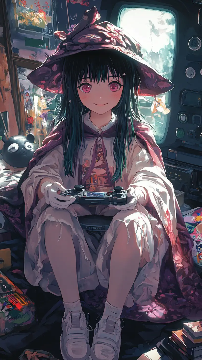 Fröhliches Anime-Mädchen zockt auf dem Sofa bei einer Halloween-Party