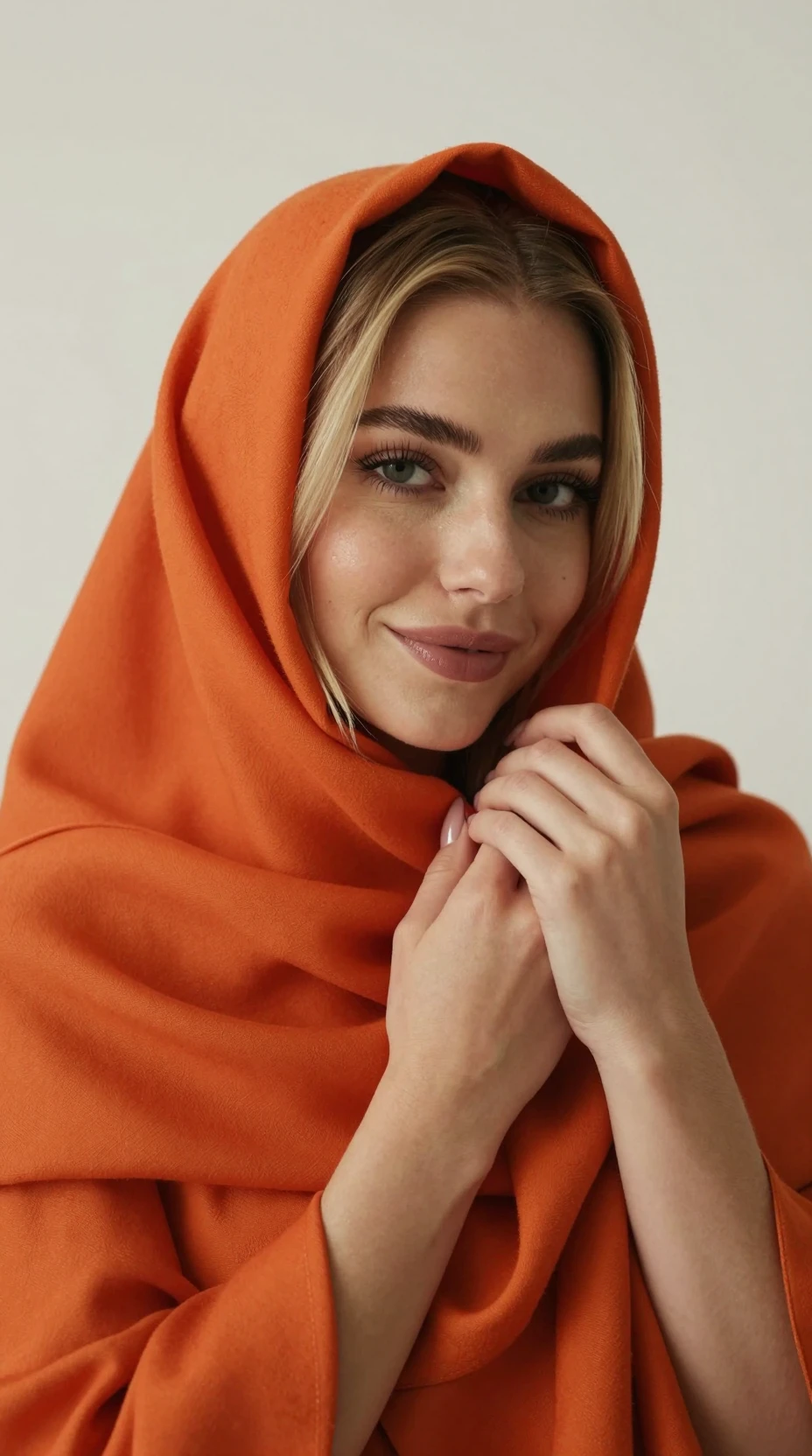 オレンジ色のスカーフを巻いた若い女性のスタジオ近接ポートレート
