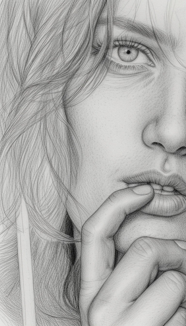 Femme pensive en demi-visage en gros plan, main près des lèvres