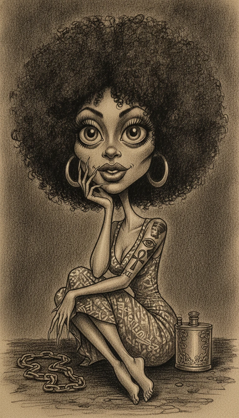 Caricature au fusain d’une femme avec afro XXL et tatouages