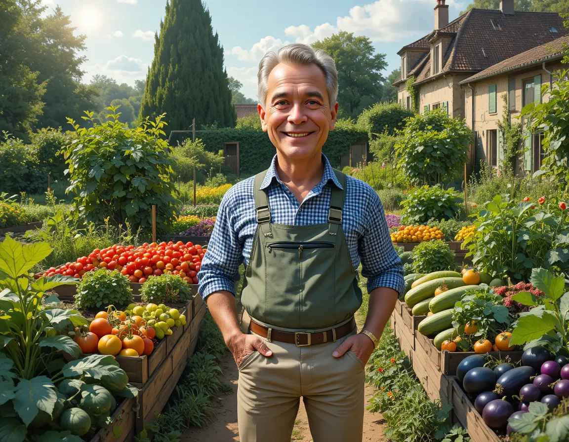 中年園丁站在茂盛的法國蔬菜花園中