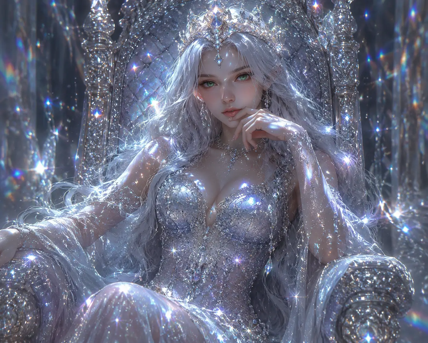 Mystische Frau auf einem Diamantenthron im Sternenstaubglanz