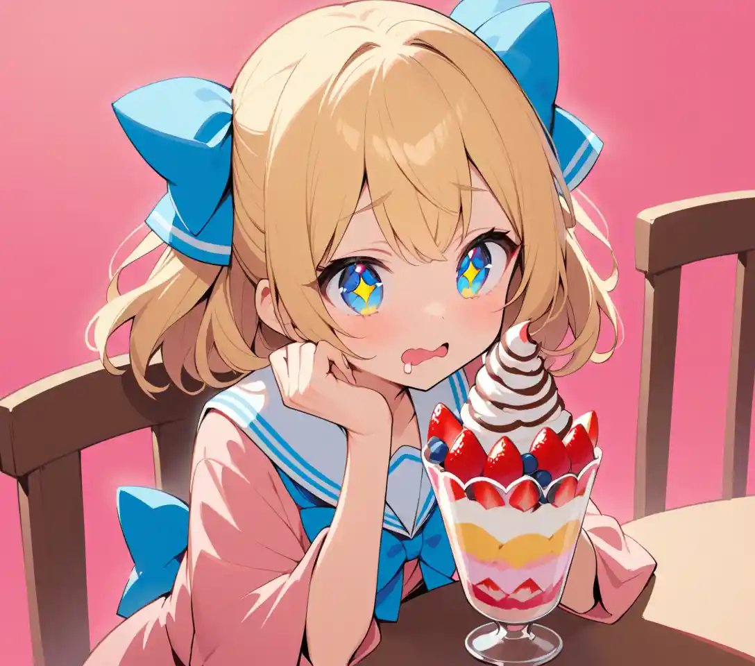 Anime girl admiring a parfait at a simple pink table