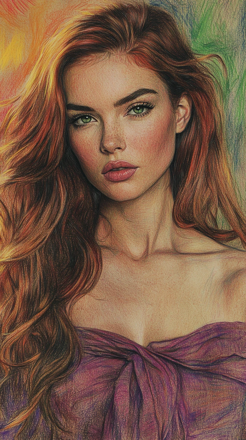 Retrato a lápis de cor de uma mulher com olhos verde-esmeralda
