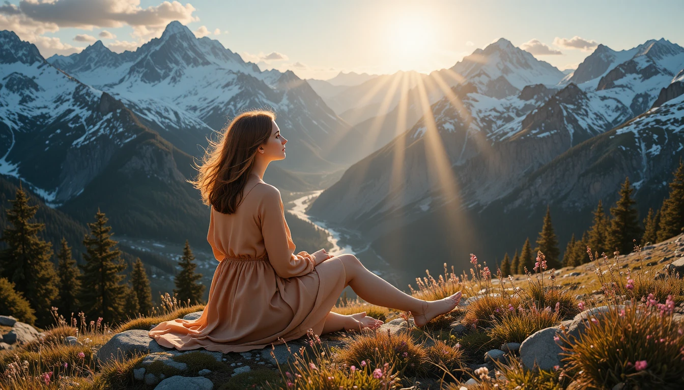Femme en robe ocre face à des montagnes alpines baignées de soleil