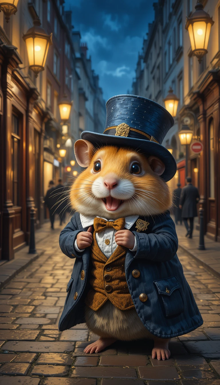 Adorable hamster déguisé en gentleman victorien de nuit