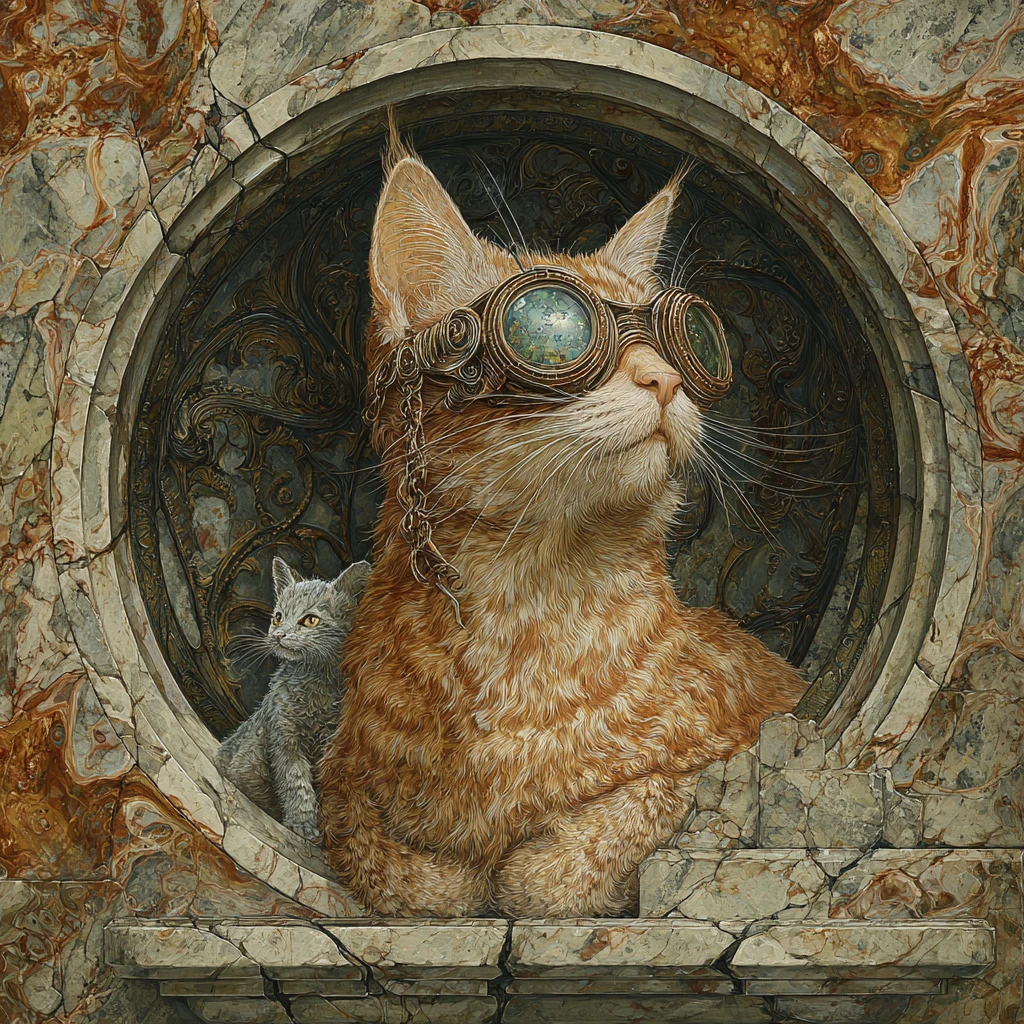 Retrato de gato ruivo em moldura circular ornamentada com filhote