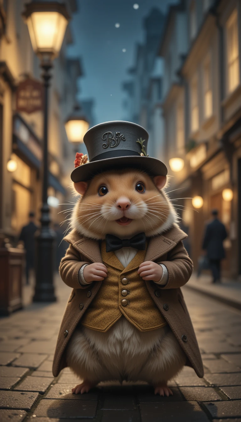Hamster gentleman victorien dans une rue de Londres la nuit