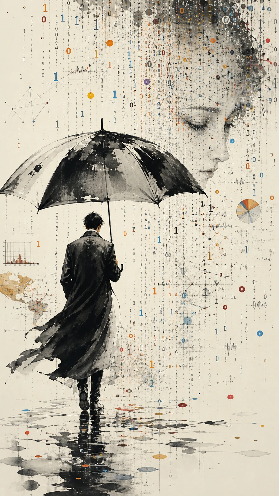 抽象墨雨中撐著巨型雨傘的人物