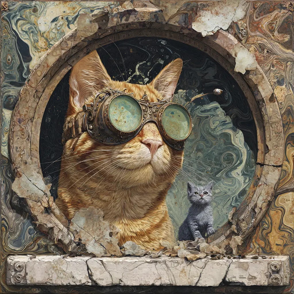 子猫と大理石のフレーム付きジンジャー・スチームパンク猫のポートレート