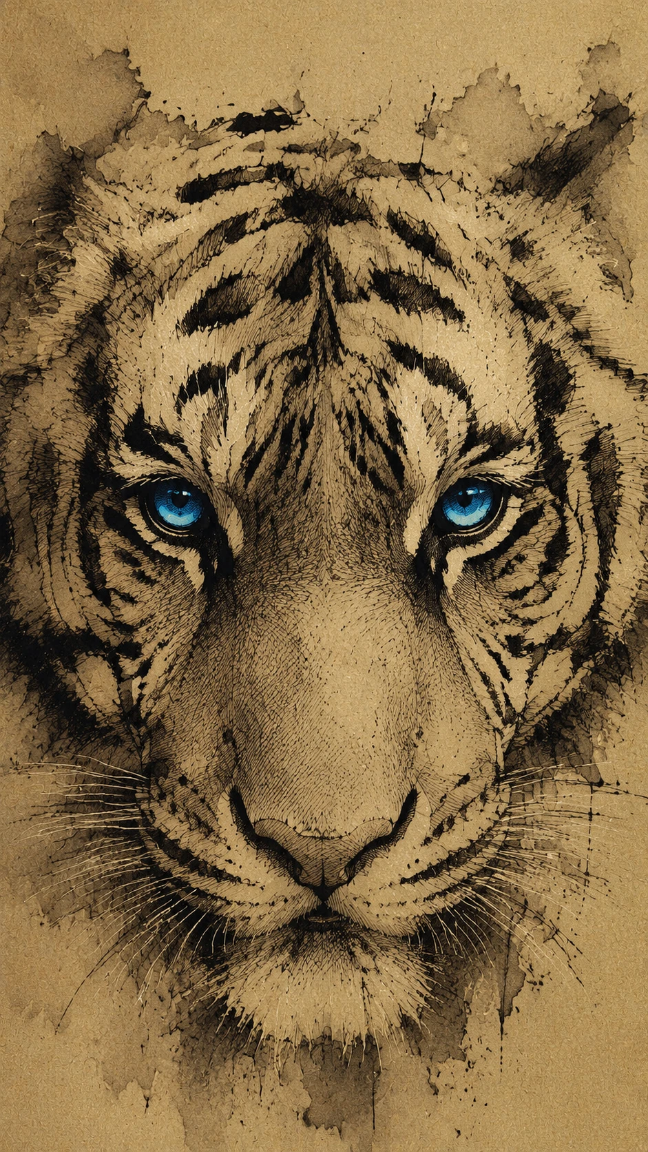 Nahaufnahme eines blauäugigen Tigerkopfs im Hochformat