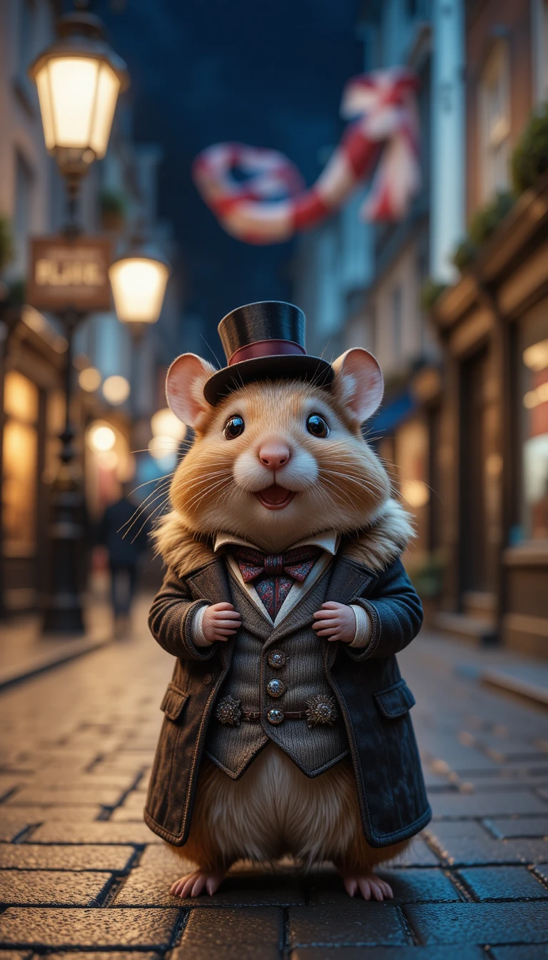 Hamster gentleman heureux dans une rue londonienne victorienne de nuit